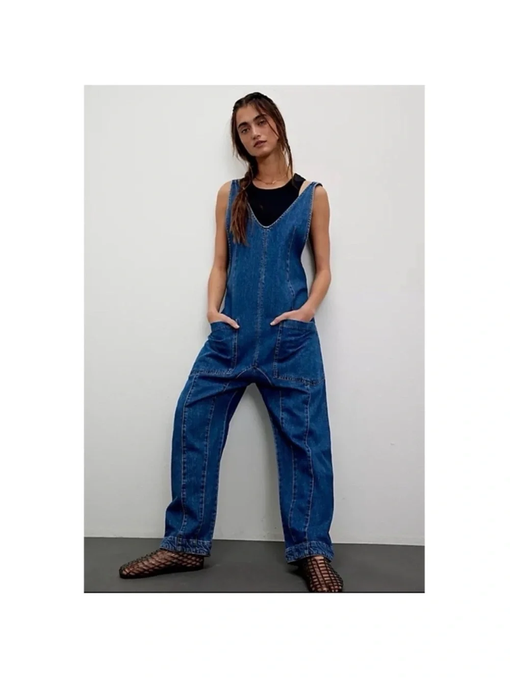 NWT Free People High Roller Denim Jumpsuit Blue Large